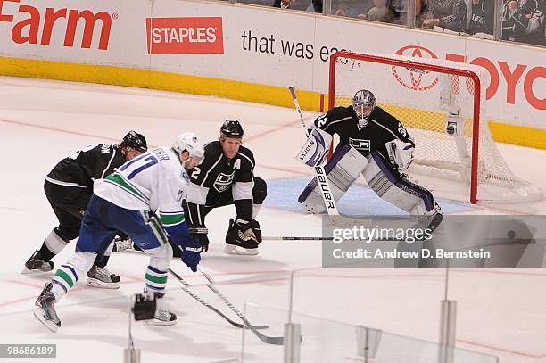 Ryan Kesler of the Vancouver Canucks takes the shot against Jonathan Quick of the Los Angeles Kings in Game Six of the Western Conference...