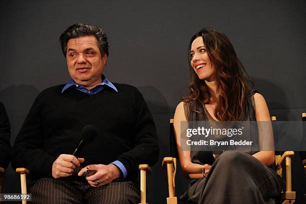 Actors Oliver Platt and Rebecca Hall speak during the Apple Store Soho presents Meet the Filmmaker: "Please Give" at the Apple Store Soho on April...