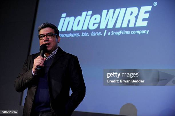 Editor-in-Chief of indieWIRE Eugene Hernandez speaks during the Apple Store Soho presents Meet the Filmmaker: "Please Give" at the Apple Store Soho...