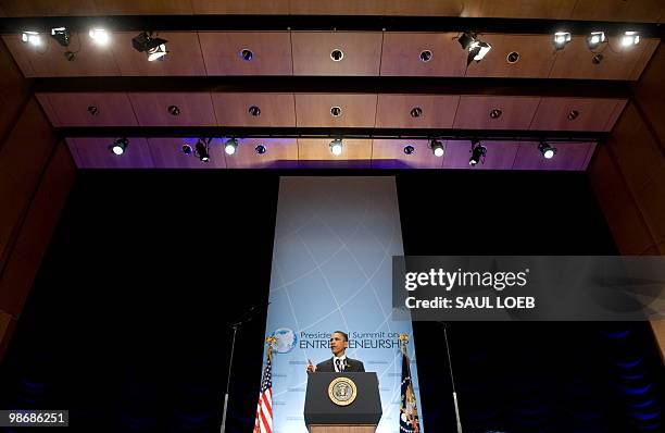 President Barack Obama speaks at the Presidential Summit on Entrepreneurship at the Ronald Reagan Building in Washington, DC, April 26, 2010. The...