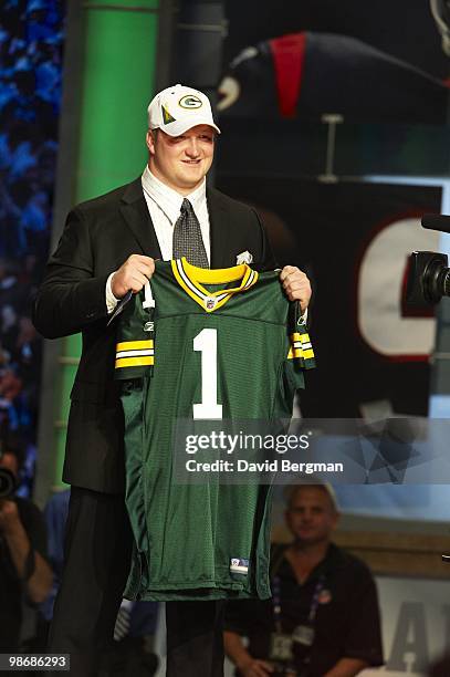 Green Bay Packers OT and No 23 overall pick Bryan Bulaga victorious at Radio City Music Hall. New York, NY 4/22/2010 CREDIT: David Bergman
