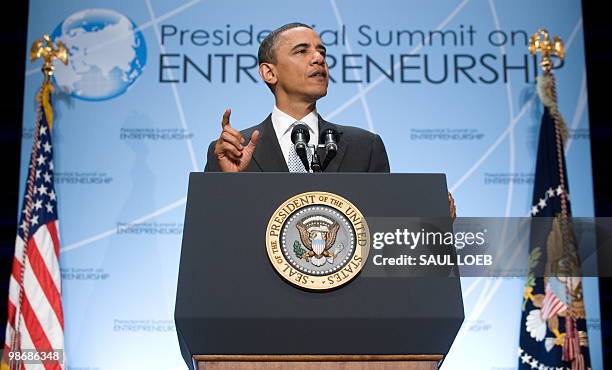 President Barack Obama speaks at the Presidential Summit on Entrepreneurship at the Ronald Reagan Building in Washington, DC, April 26, 2010. The...