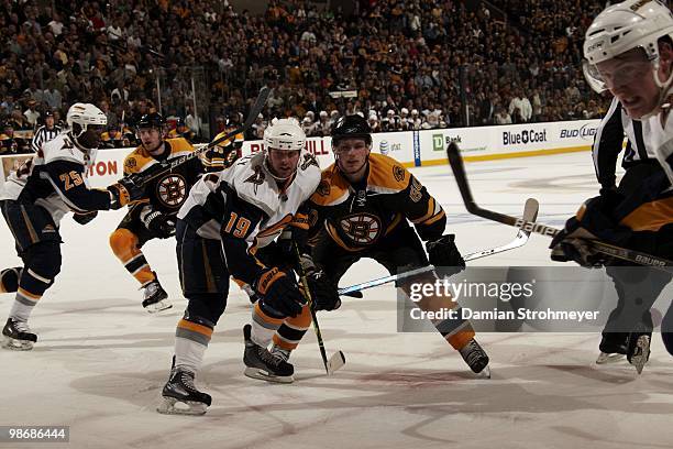 Buffalo Sabres Tim Connolly in action, face-off vs Boston Bruins Vladimir Sobotka . Game 4. Boston, MA 4/21/2010 CREDIT: Damian Strohmeyer