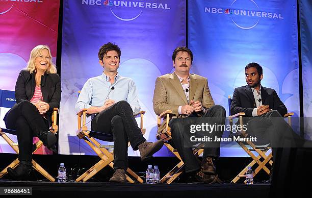 Actress Amy Poehler, actor Adam Scott, actor Nick Offerman, and actor Aziz Ansari talk with reporters at the NBC Universal Summer Press Day on April...