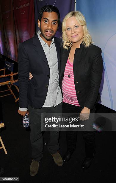 Actress Amy Poehler and actor Aziz Ansari talk with reporters at the NBC Universal Summer Press Day on April 26, 2010 in Pasadena, California.