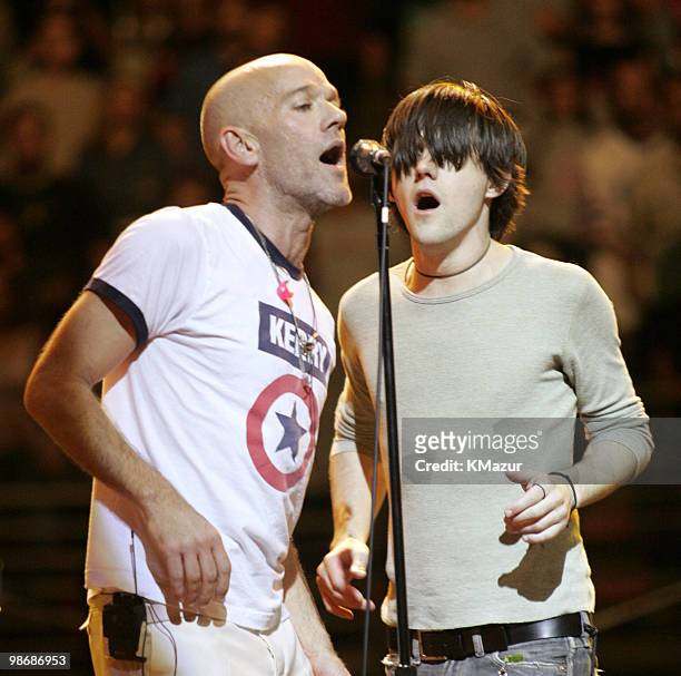 Michael Stipe of REM wearing a "Kerry" shirt and Conor Oberst of Bright Eyes