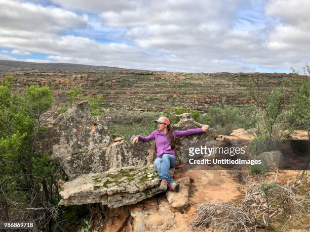 風景を楽しんでいる岩の上に座っている女性 - セダーバーグ山脈 ストックフォトと画像