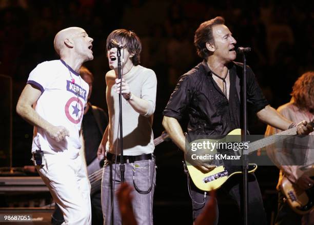 Michael Stipe of REM wearing a "Kerry" shirt, Conor Oberst of Bright Eyes and Bruce Springsteen