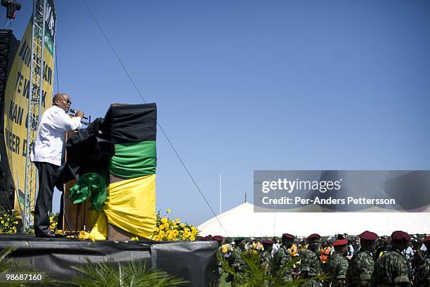 President Jacob Zuma talks at a rally on February 22, 2009 in Khayelitsha a poor township outside Cape Town, South Africa. Mr. Zuma went for a...