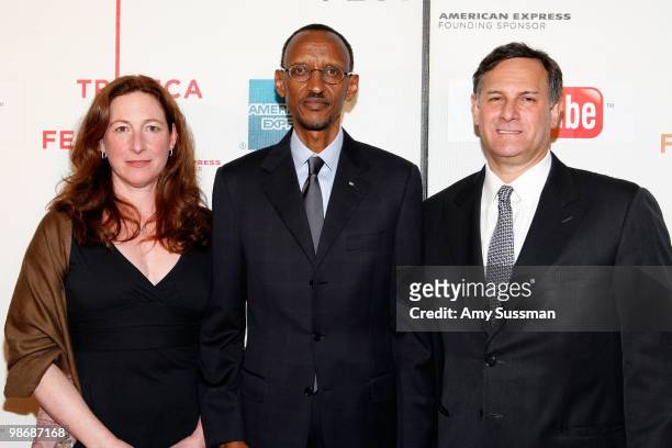 Director Deborah Scranton, Rwandan President Paul Kagame and Tribeca Film Festival co-founder Craig Hatkoff attend the premiere Of "Earth Made Of...