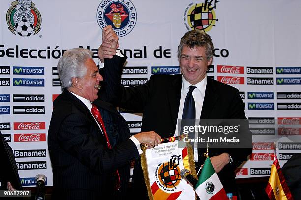 Justino Compean , President of Mexican Soccer Federation, and Angel Maria Villar, of Spanish Royal Soccer Federation, during a press conference to...