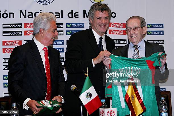 Justino Compean , President of Mexican Soccer Federation, Angel Maria Villar , of Spanish Royal Soccer Federation, and Don Antonino Fernandez ,...