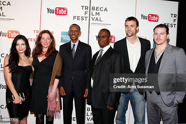 Actress/producer Jenna Dewan, director Deborah Scranton, Rwandan President Paul Kagame, documentry subject Jean Pierre Sagahutu, producer Reid...