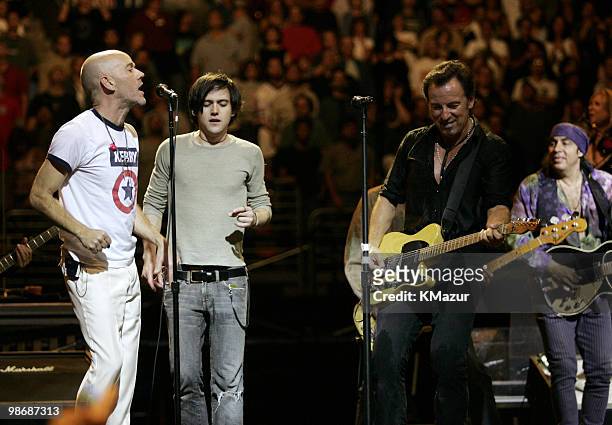 Michael Stipe of REM wearing a "Kerry" shirt, Conor Oberst of Bright Eyes, Bruce Springsteen and Steven van Zandt