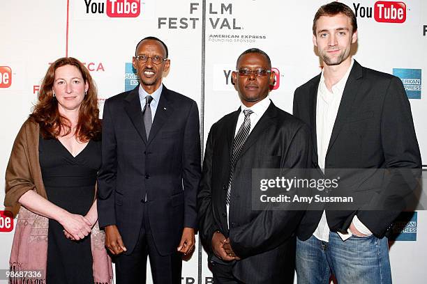 Director Deborah Scranton, Rwandan President Paul Kagame, documentry subject Jean Pierre Sagahutu and producer Reid Carolin attend the premiere Of...