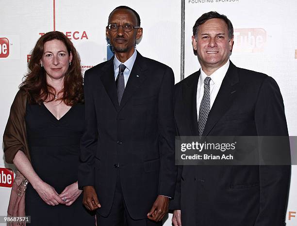 Director Deborah Scranton, Rwandan President Paul Kagame, and Tribeca Film Festival co-founder Craig Hatkoff attend the "Earth Made of Glass"...