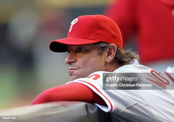 Pitcher Jamie Moyer of the Philadelphia Phillies sits in the dugout during the Major League Baseball game against the Arizona Diamondbacks at Chase...