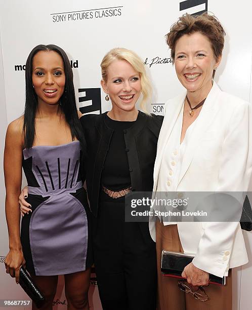 Actresses Kerry Washington, Naomi Watts, and Annette Bening attend the premiere of "Mother and Child" at the Paris Theatre on April 26, 2010 in New...