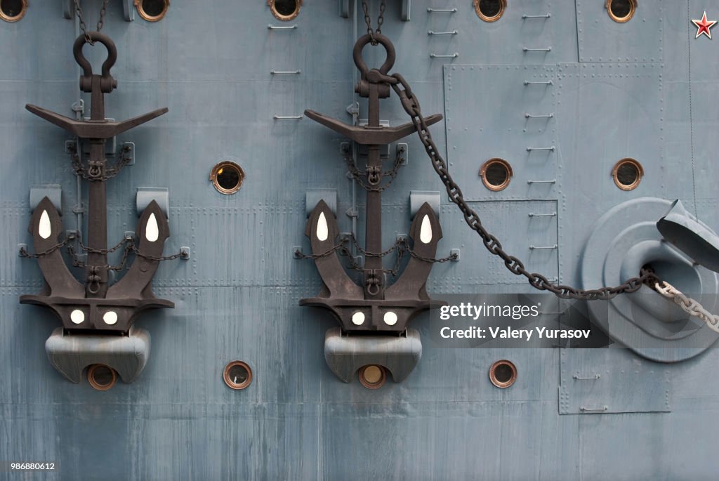 Aboard the legendary cruiser Aurora with anchors.