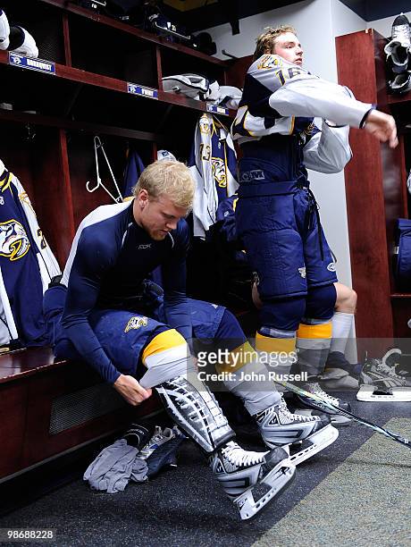 Patric Hornqvist and Cal O'Reilly of the Nashville Predators get ready for warmups against the Chicago Blackhawks in Game Six of the Western...