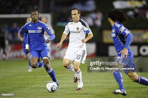 Landon Donovan of the Los Angeles Galaxy paces the ball against the Kansas City Wizards during their MLS match on April 24, 2010 at Community America...