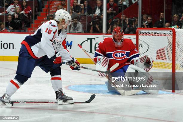 Jaroslav Halak of Montreal Canadiens makes the save on a shot from Nicklas Backstrom of the Washington Capitals in Game Six of the Eastern Conference...