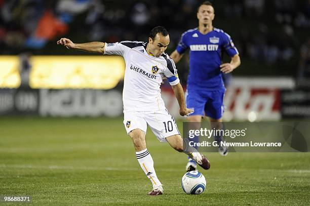 Landon Donovan of the Los Angeles Galaxy moves to strike the ball during their MLS match against the Kansas City Wizards on April 24, 2010 at...