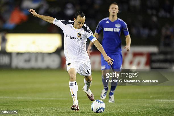 Landon Donovan of the Los Angeles Galaxy moves to strike the ball during their MLS match against the Kansas City Wizards on April 24, 2010 at...