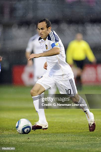 Landon Donovan of the Los Angeles Galaxy paces the ball during their MLS match against the Kansas City Wizards on April 24, 2010 at Community America...