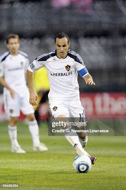 Landon Donovan of the Los Angeles Galaxy paces the ball during their MLS match against the Kansas City Wizards on April 24, 2010 at Community America...