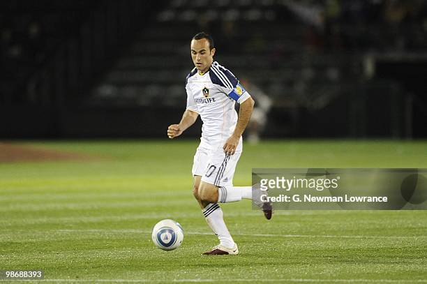 Landon Donovan of the Los Angeles Galaxy paces the ball during their MLS match against the Kansas City Wizards on April 24, 2010 at Community America...