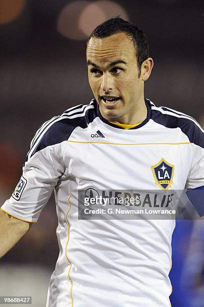 Landon Donovan of the Los Angeles Galaxy looks on during their MLS match against the Kansas City Wizards on April 24, 2010 at Community America Park...
