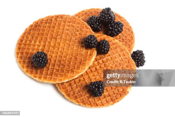 plate of delicious waffles and blackberries isolated on white background - stroopwafel stock pictures, royalty-free photos & images