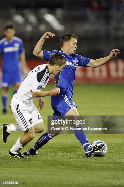 Jack Jewsbury of the Kansas City Wizards protects the ball from Michael Stephens of the Los Angeles Galaxy during their MLS match on April 24, 2010...