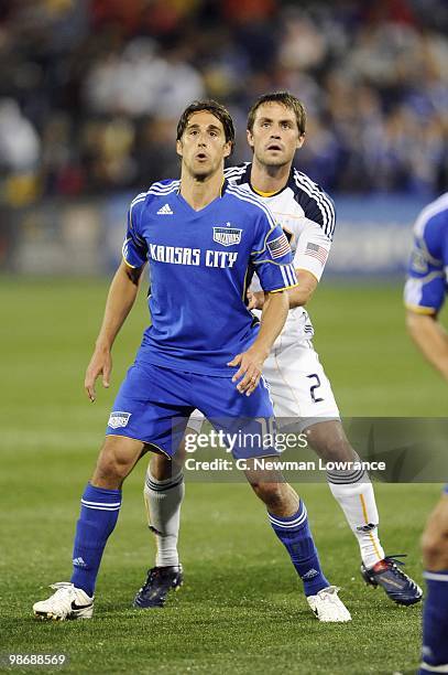 Josh Wolff of the Kansas City Wizards and Todd Dunivant of the Los Angeles Galaxy look on during their MLS match on April 24, 2010 at Community...