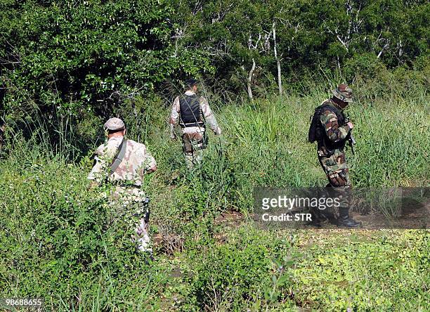 Policemen and soldiers search for left-wing guerrillas in the bushes of the department of Concepcion, Paraguay, on April 26, 2010. Paraguay's...