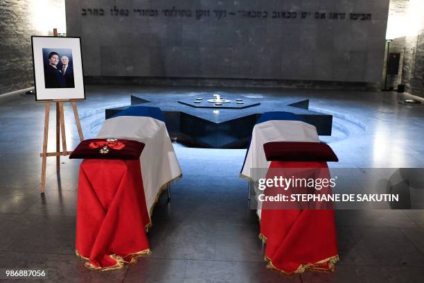 The coffins of women's rights icon Simone and her husband Antoine Veil are drapped in the French national flag at French Holocaust memorial in Paris...