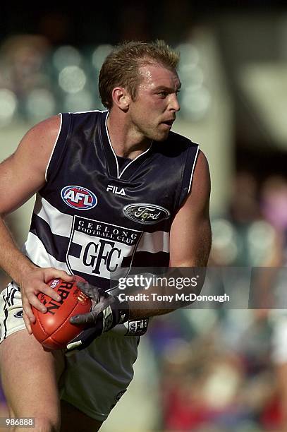 David Mensch for Geelong takes controll of the ball , in the match between The Fremantle Dockers and the Geelong Cats, during round eight of the AFL...