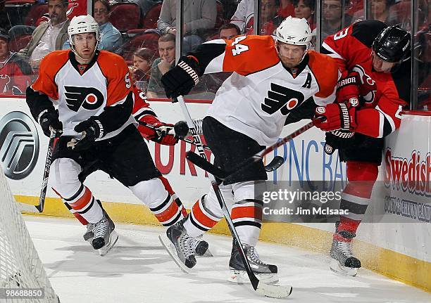 Kimmo Timonen of the Philadelphia Flyers skates against the New Jersey Devils in Game 5 of the Eastern Conference Quarterfinals during the 2010 NHL...