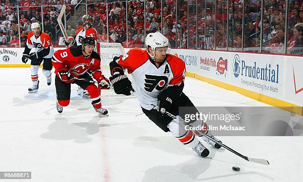 Kimmo Timonen of the Philadelphia Flyers skates against the New Jersey Devils in Game 5 of the Eastern Conference Quarterfinals during the 2010 NHL...