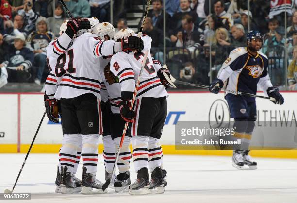 Marian Hossa and Duncan Keith of the Chicago Blackhawks celebrate a goal against the Nashville Predators in Game Six of the Western Conference...