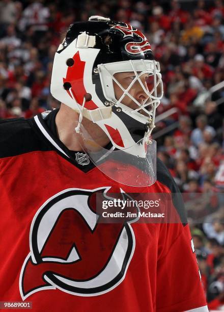 Martin Brodeur of the New Jersey Devils defends against the Philadelphia Flyers in Game 5 of the Eastern Conference Quarterfinals during the 2010 NHL...