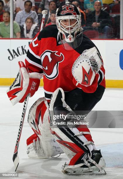 Martin Brodeur of the New Jersey Devils defends against the Philadelphia Flyers in Game 5 of the Eastern Conference Quarterfinals during the 2010 NHL...