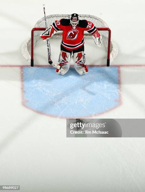 Martin Brodeur of the New Jersey Devils looks on against the Philadelphia Flyers in Game 5 of the Eastern Conference Quarterfinals during the 2010...