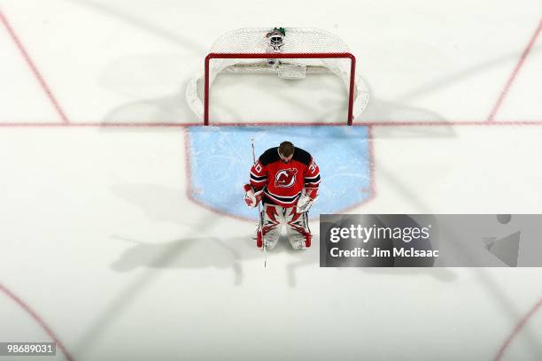 Martin Brodeur of the New Jersey Devils looks on against the Philadelphia Flyers in Game 5 of the Eastern Conference Quarterfinals during the 2010...