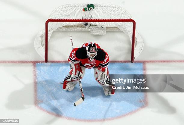 Martin Brodeur of the New Jersey Devils defends against the Philadelphia Flyers in Game 5 of the Eastern Conference Quarterfinals during the 2010 NHL...