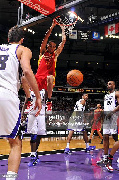 Kevin Martin of the Houston Rockets dunks during the game against the Sacramento Kings at Arco Arena on April 12, 2010 in Sacramento, California. The...