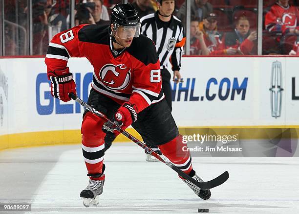 Dainius Zubrus of the New Jersey Devils skates against the Philadelphia Flyers in Game 5 of the Eastern Conference Quarterfinals during the 2010 NHL...