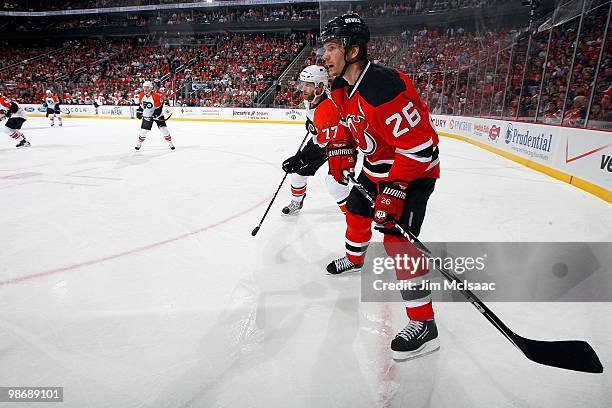 Patrik Elias of the New Jersey Devils skates against the Philadelphia Flyers in Game 5 of the Eastern Conference Quarterfinals during the 2010 NHL...