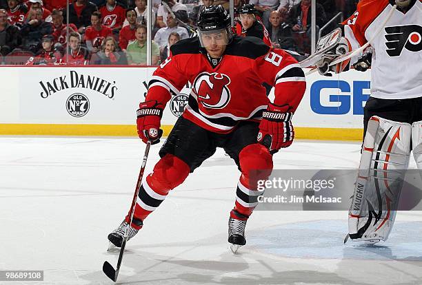 Dainius Zubrus of the New Jersey Devils skates against the Philadelphia Flyers in Game 5 of the Eastern Conference Quarterfinals during the 2010 NHL...